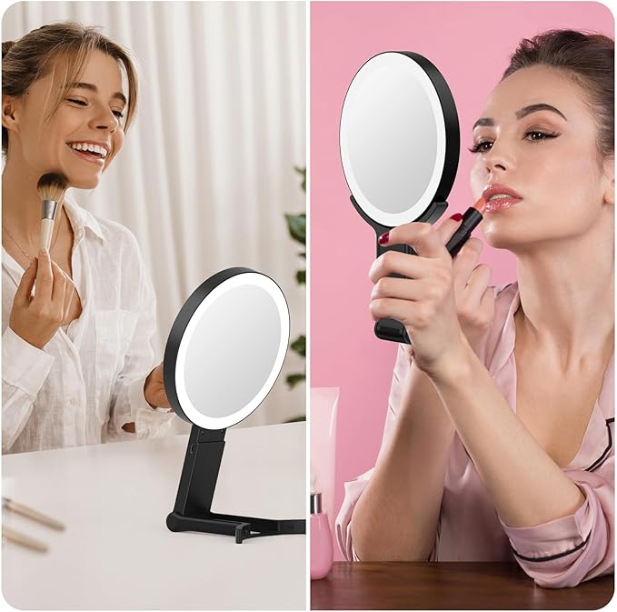 Alovely Travel Makeup Mirror with Lights, Portable Mirror 2-Sided 10X /1X Magnifying Mirror with Light, Travel Mirror with Lights and Magnification, 3 Color Lighting, Dimmable Touch Screen Handhold