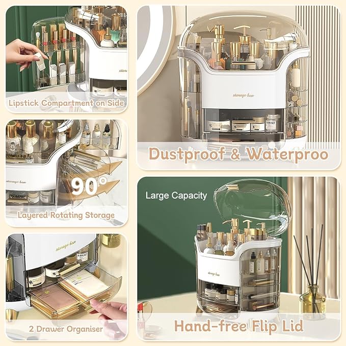 Makeup Organizer for Vanity, Skincare Organizer, Makeup Storage Drawers, Cosmetics Organizer with Lid, Makeup Brush Holder Rotating, Dressing Table Organizer, Large Makeup Box(White)