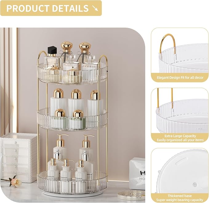 360° Rotating Makeup Organizer for Vanity - 3 Tier Perfume Organizer with Large Capacity - Skincare Organizer for Bathroom Counter - Space-Saving Cosmetic Storage for Dresser Countertop (Clear)