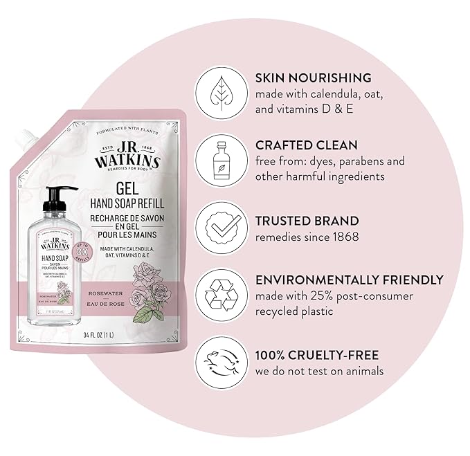 J.R. Watkins Gel Hand Soap Refill, Moisturizing Hand Wash, All Natural, Alcohol-Free, Cruelty-Free, USA Made, Rosewater, 34 Fl Oz, 3 Pack