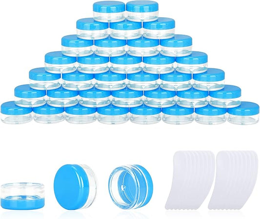 200PCS 3 Gram Sample Containers, 3ml Empty Jars with Lids, Small Cosmetic Containers, Mini Sample Jars with 16PCS Mini Spatulas for Make Up, Oils, Lotion, Powder, Paint, Jewelry, Lip Balms(Blue Lid)