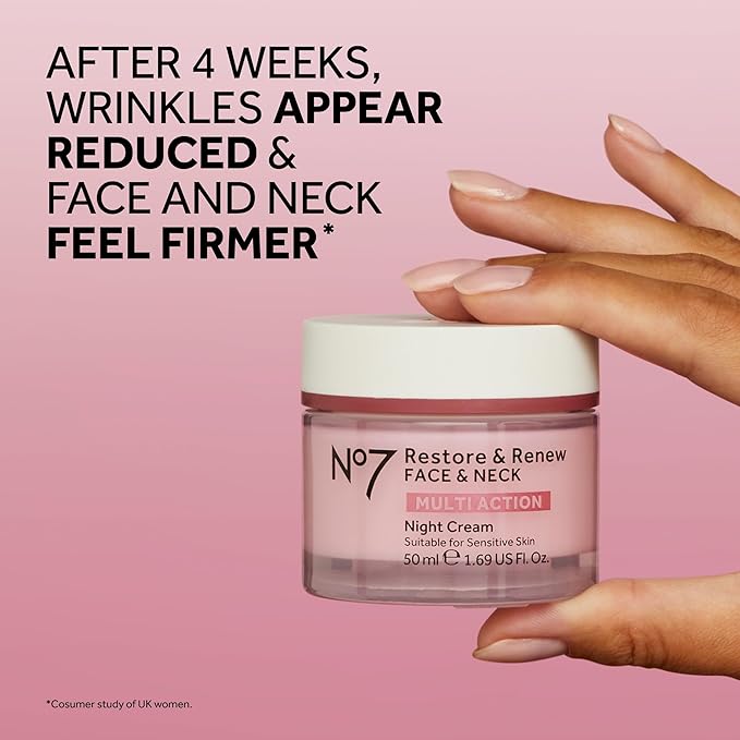 No7 Restore & Renew Multi Action Night Cream for Face & Neck - Nighttime Face Moisturizer with Collagen Peptides - Anti Aging Skin Care for Crepey Skin with Hyaluronic Acid & Ceramides (1.69 Oz)