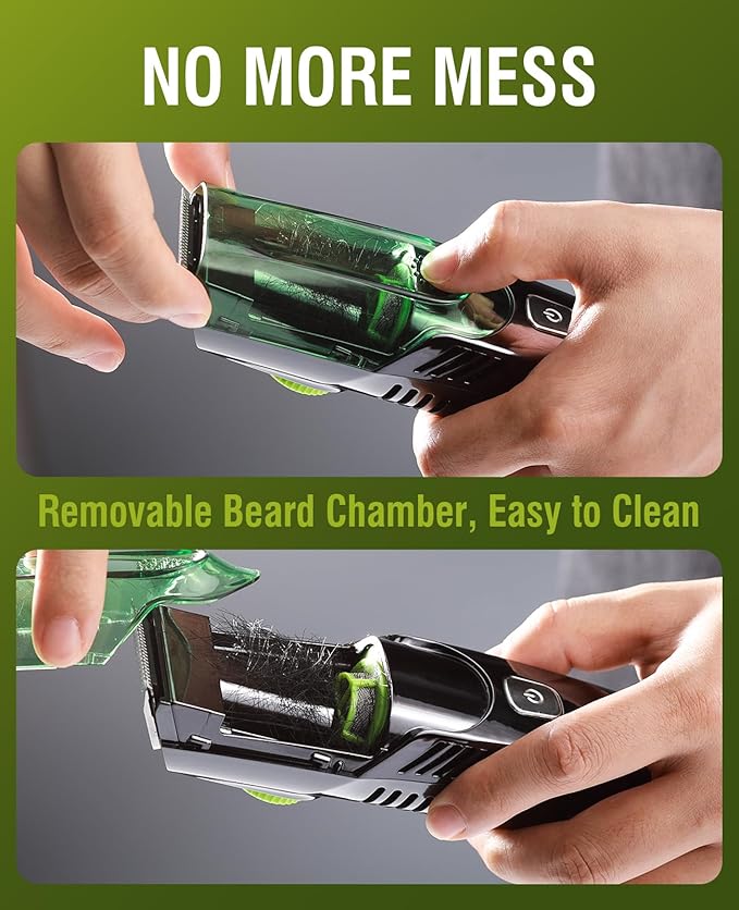 Vacuum Beard Trimmer for Men, Rechargeable Mustache Trimmer with Adjustable Length Comb (1-20MM), IPX6 Waterproof Built-in Electric Beard Trimmer for Beard, Mustache and Stubble