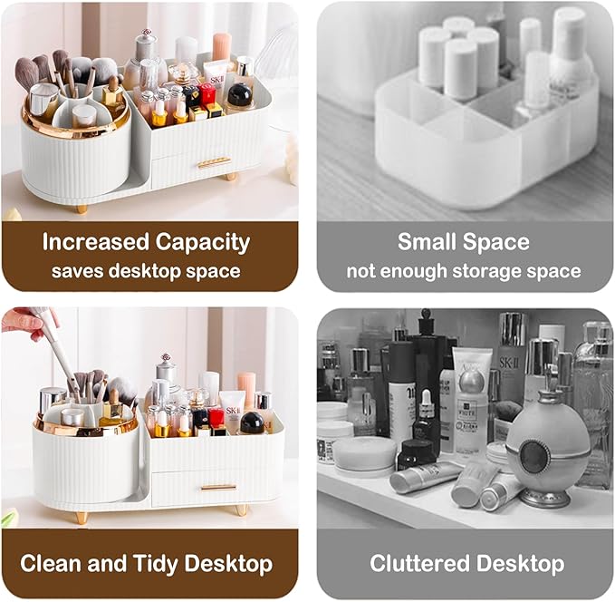 Rotating Makeup Organizer for Vanity with Brush Holder and Drawer, Cosmetic Makeup Storage, Large Spinning Makeup Skincare Organizer, Countertop Makeup Perfume Organizer, Lotions Display Case (White)