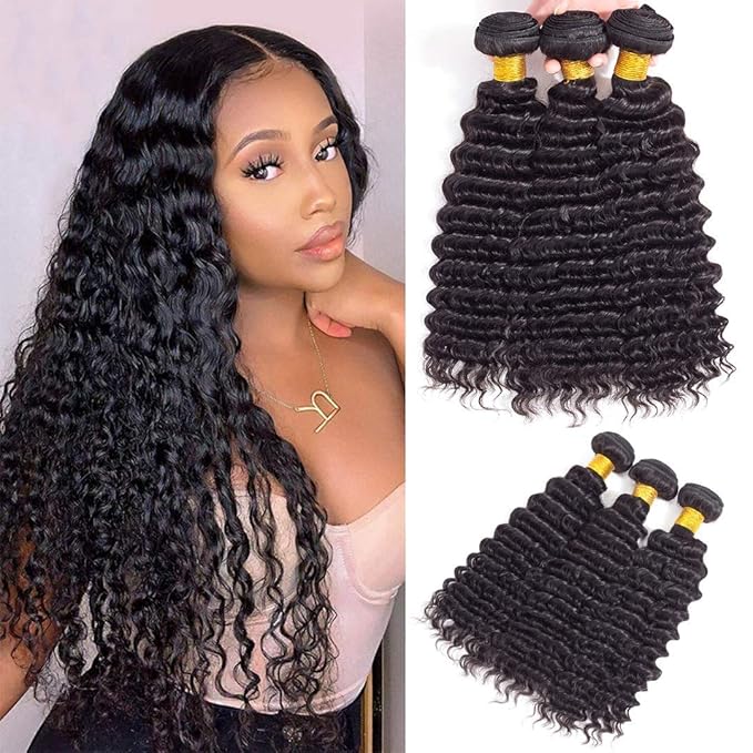 12A Brazilian Deep Wave Human Hair 3 Bundles 10" 12" 14" 300g Pineapple Deep Wave Bundles 100% Unprocessed Virgin Remy Hair Bundles Deep Curly Human Hair Weft for Black Women Natural Color