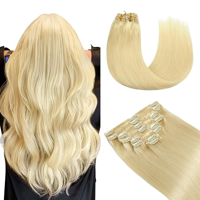 Yilite Clip in 18 Inch 120g 8pcs Real Human Hair Natural Silky Double Weft Hair Extensions (18inch #613 Bleach Blonde)