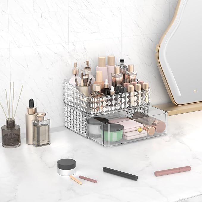 Makeup Organizer for Vanity, Stackable Cosmetics Organizer and Storage, Cosmetic Display Cases with 1 Drawers and 1 Tray for Makeup Brush, Hair Accessories, Lipstick and Jewelry, Clear
