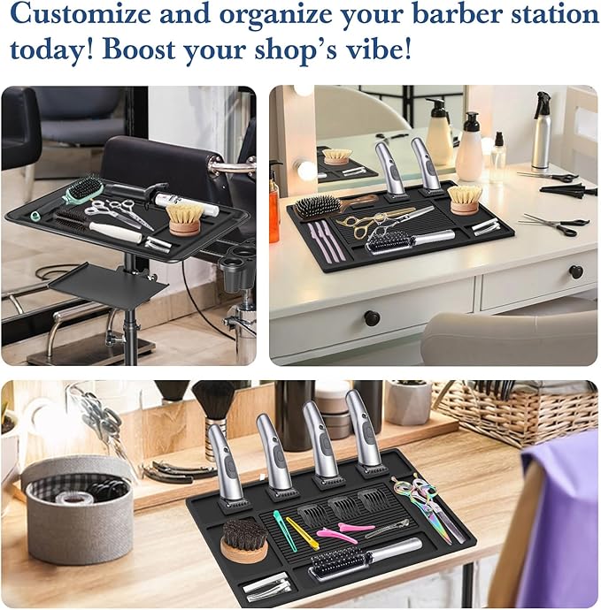 Magnetic Barber Mat for Clippers,Station Barber Tool Organizer Mat Rubber for Scissors Salon Barbershop Beauty Tools with 4 Slots Flexible Silicone Barber Pad Non-Slip Professional Barber Accessories