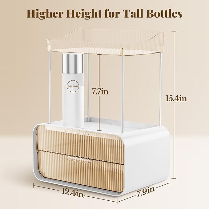 Delamu Bathroom Counter Organizer 2-Drawers 2-Tier Acrylic Makeup Organizer for Vanity Countertop, Skincare Perfume Storage, Easy Assembly, Ideal Gift for Women Amber