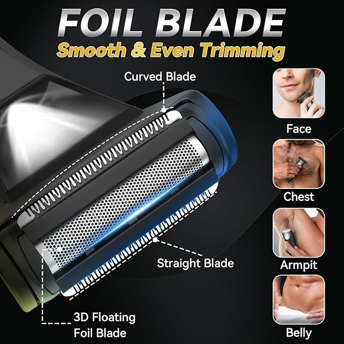 VIKICON 2-in-1 Manscape Trimmer & Shavers for Men: No-Nick Full Body Electric Razor for Pubic, Balls, Back Hair w/Dual-Head Trimmer & Foil Blades - Waterproof Groomer Kit w/Light, Travel Lock & Pouch