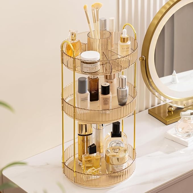 HBlife 360 Rotating Makeup Organizer, 3 Tier Perfume Organizer Skincare Organizer Large Capacity Cosmetic Storage for Bathroom, Vanity, Countertop, Glod