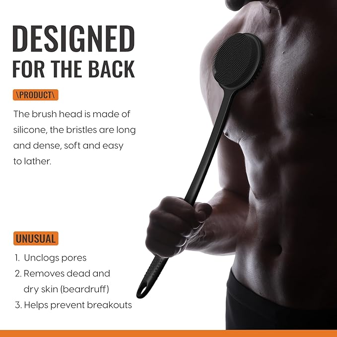 VWMYQ Silicone Back Scrubber for Shower, Silicone Face Scrubber for Men,17in Lengthen Long Handle Body Brush, Double Sided Shower Brush for Shower Exfoliating and Massage, Back Scrubber for Men