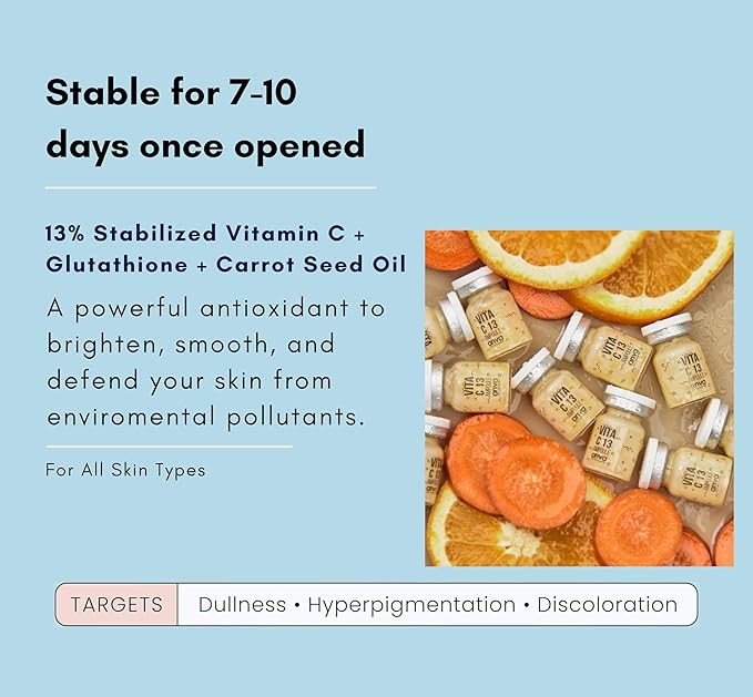 Korean Vitamin C Serum with Glutathione – 13% Stabilized Face Serum for Bright, Even Skin – Anti-Aging Ampoule for Dark Spots, Fine Lines & Wrinkles | 10 x 5ml (8 Week Supply)