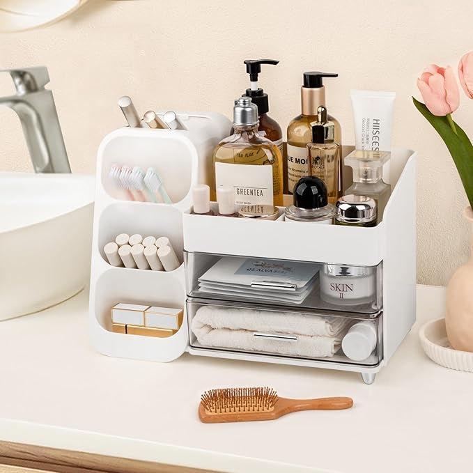 Anyoifax Makeup Organizer with Drawers Vanity Organizer Countertop with Brush Holder Large Perfume Organizer for Dresser Skin Care and Lotion Storage for Nail Polish, Lipsitck, Palettes, White