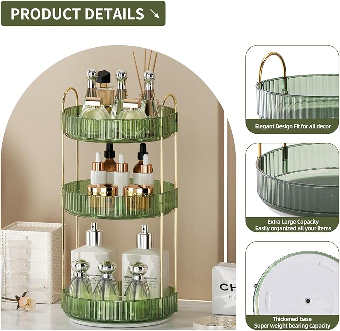 360° Rotating Makeup Organizer for Vanity - 3 Tier Perfume Organizer with Large Capacity - Skincare Organizer for Bathroom Counter - Space-Saving Cosmetic Storage for Dresser Countertop (Green)