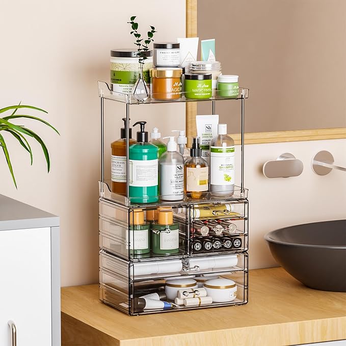 3 Tier 6-Drawer Bathroom Counter Organizer Shelf - Stackable Design - 18.9" Tall Large Cosmetic Organizer Suitable as Makeup,Beauty,Face Product,Lotion,Skincare Organizer,Clear