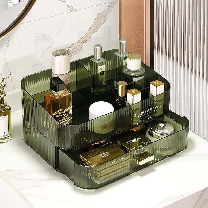 Makeup Organizer for Vanity, Large Desk Organizer with Stackable Drawer for Cosmetics, Skincare, Lipsticks, Eyeshadow Palette, Nail Care, Ideal Storage for Dresser and Bathroom Countertop-Green