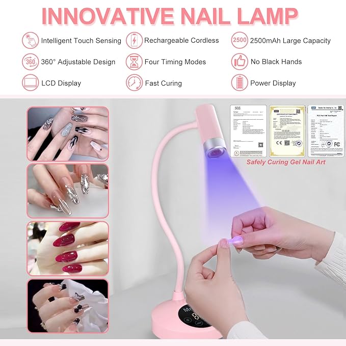 U V Nail Lamp, Rechargeable U V Light for Gel Nails Polish, Mini Flash Cure Light for Gel X Nails, Cordless U V LED Nail Lamp, Nail Dryer with 4 Timers&Sensor, Fast Curing Gooseneck U V Lamp, Pink