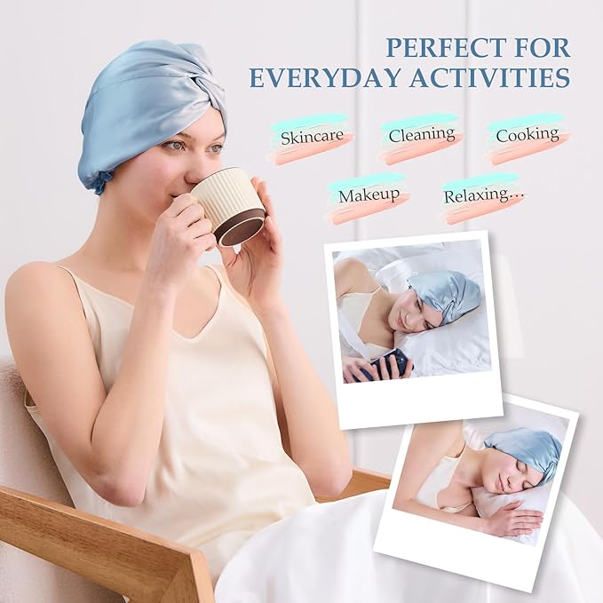 Silk Bonnet for Sleeping Women, 100% Mulberry Silk Sleep Cap with Elastic Band, Real Mulberry on Both Sides, Light Blue
