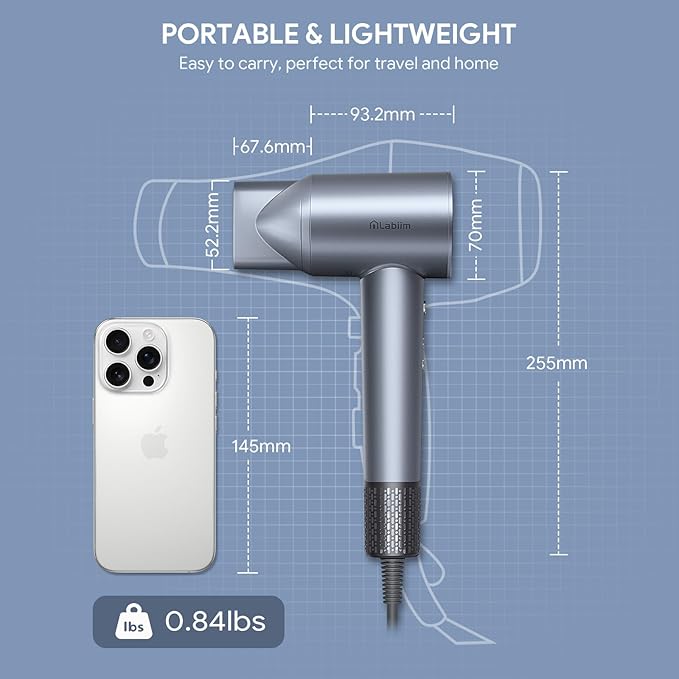 Hair Dryer, High-Speed Ionic Low Noise Blow Dryer with Brushless Motor for Fast Drying, Thermo-Control Quiet Compact Hair Blow Dryer, Hairdryer with 1 Nozzle Attachments for Home Salon Travel