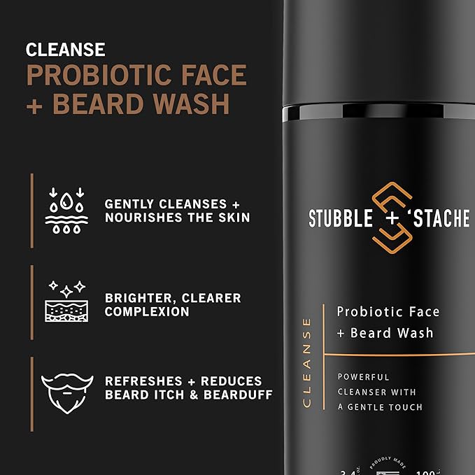 stubble & stache Face Wash and Beard Wash for Men – Daily Facial Cleanser with Niacinamide, Aloe Vera, Green Tea, and Probiotics – Fragrance-Free – 3.4 fl oz