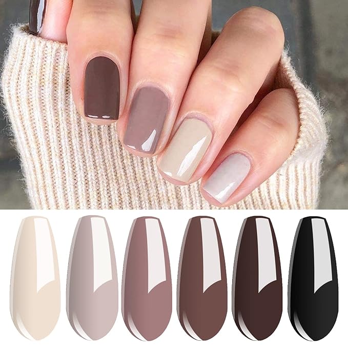 Vishine Gel Nail Polish Starter Kit with 48W UV LED Nail Lamp Speed Dryer Manicure Tools Set of 6 Brown Nude Series Colors Nail Art Colors Gel Polish Base Top Coat & Mat Top Coat #002