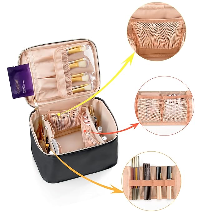 OCHEAL Large Makeup Bag for Women - Travel Cosmetic Organizer with Brush Holder & Dividers, Waterproof Leather Makeup Case, Portable Toiletry Bag for Makeup Brushes, Skincare, Accessories (Black)