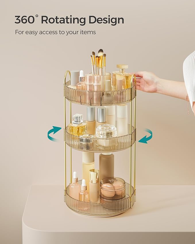 SONGMICS Makeup Organizer, 3-Tier Round Rotating Skincare Organizer Countertop, Customizable, Toiletries Vanity Organizer, Lazy Susan, Gift for Mom, Champagne Gold UJKA011A01