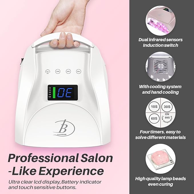UV LED Nail Lamp,96W Rechargeable Cordless Nail Dryer, 52 Beads Quick Dry with Remote Control,4 Timers,Auto Sensor,Key Sound,Built-in Cooling Fan,Professional Gel Polish UV Light (White)