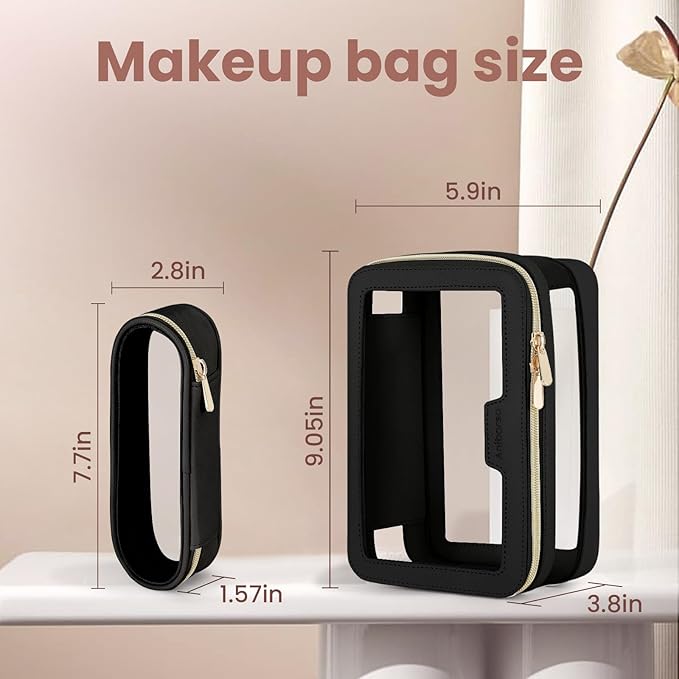 Clear Makeup Bag, Travel Clear Cosmetic Bag and Makeup Brush Bag, Transparent Portable Makeup Case, Waterproof Toiletry Bag with Zipper for Women, Black