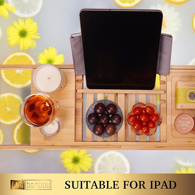 Bamboo Bathtub Caddy Tray for Luxury Bath, Expandable Bath Tray for Tub with Book and Wine Holder- Gift Idea for Loved Ones