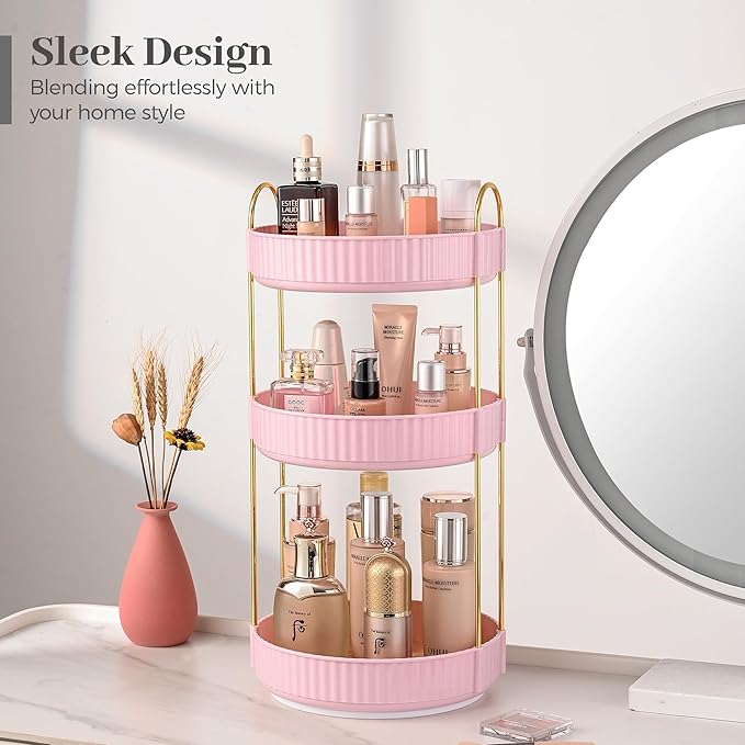 Aveniee 360 Rotating Makeup Organizer for Vanity, Skincare Make Up Organizers Large, Spinning Bathroom Counter Organizer Shelf Holder for Cosmetics, Skin Care, Lipsticks(3 Tiers, Pink)
