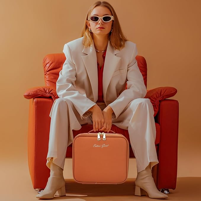 Makeup Travel Train Case with Mirror LED Light 3 Adjustable Brightness Cosmetic Bag Portable Storage Adjustable Partition Waterproof Makeup Brushes Makeup Jewelry Gift for Women (Brown)