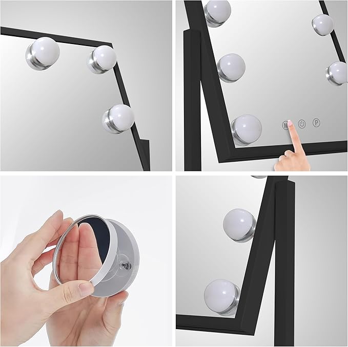 10" x 12" Vanity Mirror with Lights, 360°Rotation Tabletop Makeup Mirror with 9 LED Lights Bulbs, Portable Travel Mirror with 3 Color Lighting Modes, Mirror with Lights for Bedroom, Black