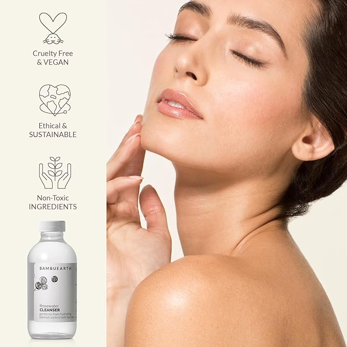 BambuEarth Rosewater Face Cleanser (4 oz) - Helps Hydrate, Balance, and Soothe - Non-Foaming, Vegan, Alcohol-Free Cleanser with Organic Rosewater to Support Skin's Barrier