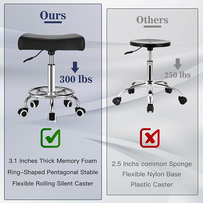 Black Square Salon Rolling Stool - 300lbs Weight Capacity,Adjustable Swivel Stool With Wheel,Pu Leahter Comfortable Cutting Stools For Salon Tattoo Stylist Massage Perfect for Work SPA (Premium black)