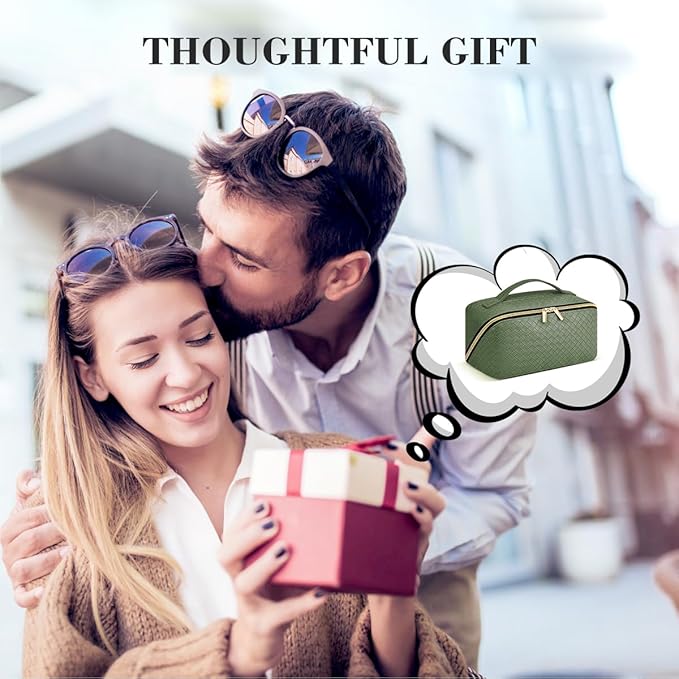 Travel Makeup Bag: Large Capacity Cosmetic Bag for Women, Portable PU Leather Waterproof Stuff Bag With Handle and Divider Flat Lay Makeup Pouch Toiletry Bag Birthday Gift for Women - Green