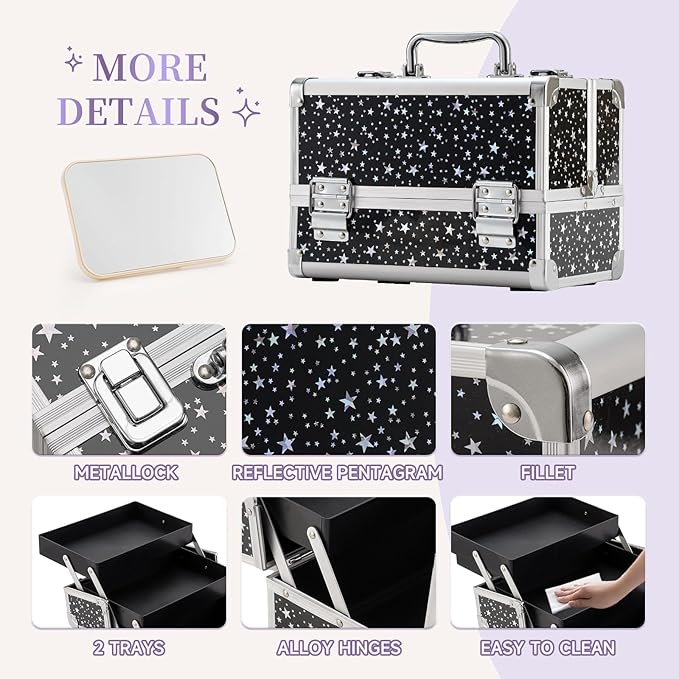 Leeora&Leekoo Makeup Train Case Cosmetic Box Portable Makeup Case Organizer 2 Trays Makeup Storage with Mirror for Cosmetologist Aesthetic Supplies Nail Tech Traveling Makeup Box (Flashing Star)