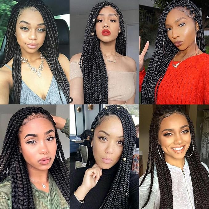13x8 Braided Lace Front Wigs for Black Women, 36 inch Knotless Box Braids Wigs with Baby Hair, Black Synthetic Medium Braided Wig