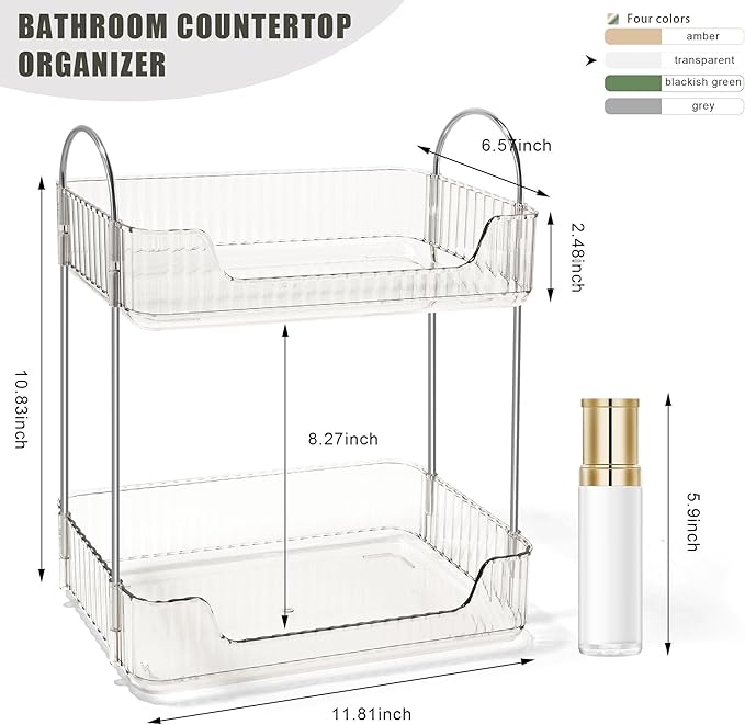 Bathroom Counter Organizer Countertop Storage Skincare Countertop Makeup Organizer Cosmetics Skincare Organizers Holder for Perfume-Clear White-Silver Pole