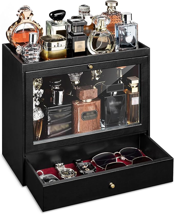 Cologne Organizer, Leather Perfumes Organizer for Dresser, Large Capacity Dustproof Cologne Holder with Drawer Storage Perfume Stand Organizer, Ideal Gift for Loved ones