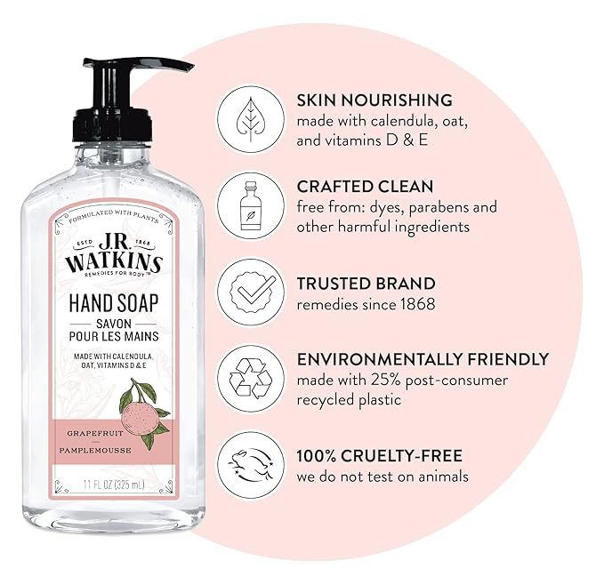 J.R. Watkins Gel Hand Soap, Scented Liquid Hand Wash for Bathroom or Kitchen, USA Made and Cruelty Free, 11 fl oz, Grapefruit, 6 Pack