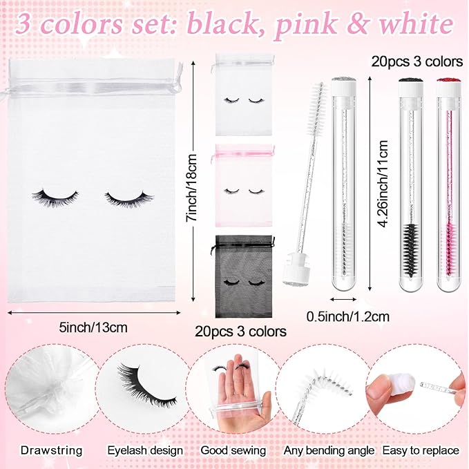 Zhehao 80 Pcs Lash Shampoo Bottle Brushes Kit 20 Foam Pump Dispensers 20 Lash Shampoo Brushes 20 Eyelash Aftercare Bag 20 Cleaning Pipes, Eyelash Extension Supplies(Colorful)