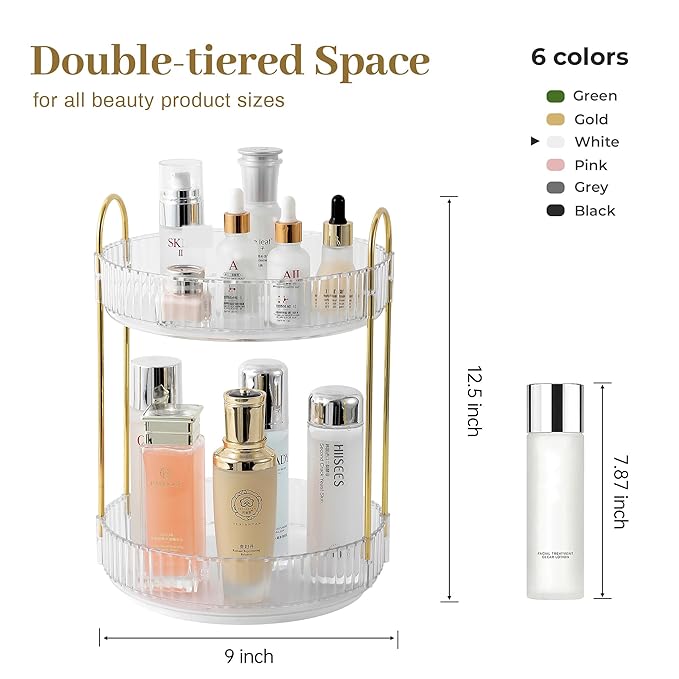 Rotating Makeup Organizer for Vanity, Skincare Make Up Storage Perfume Organizers for bathroom countertop, Clear Cosmetic Organizer for Dresser, Lipstick Hair product Spinning Stand Organizer (2 Tier,