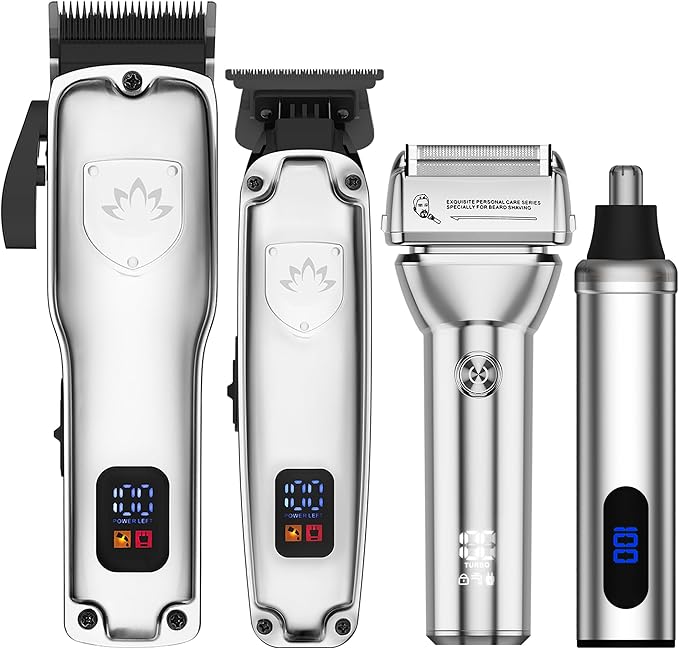 Karrte Professional Hair Clippers and Trimmer Set for Men, T-Shaper Trimmer & Foil Shaver, Nose & Ear Hair Trimmer, Cordless Clippers and Grooming Set, Hair Cutting Kit with LED Display Silver