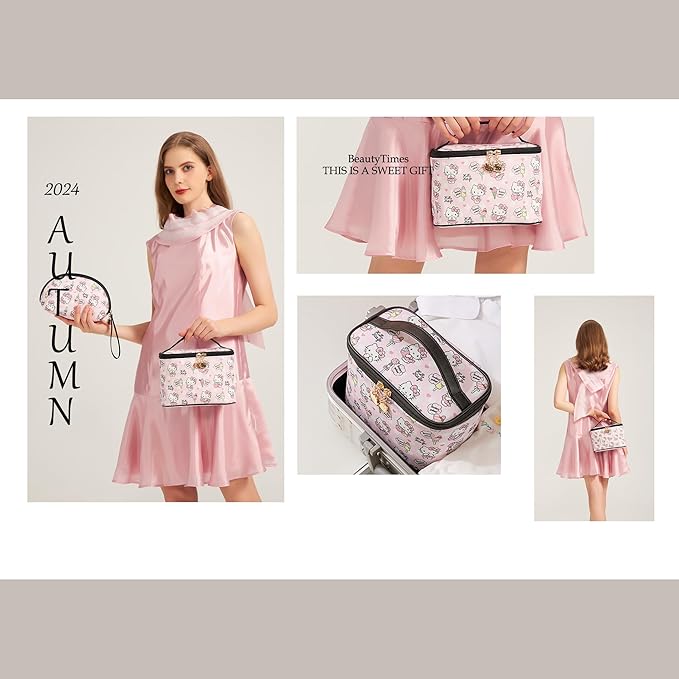 AmBealla Cosmetic Bag Large Makeup Bags Pink Travel Case with Makeup Brush Holder,2PCS Cosmetic Organizer for Women, Toiletry Storage Bag for Skincare & Beauty Tools Sweet Cute for Girls