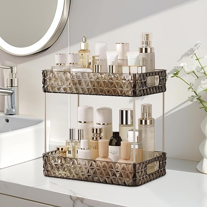 Makeup Organizer for Vanity,Bathroom Countertop Skincare Organizer,Makeup Counter Shelf Perfume Holder Rack,Cosmetic Display Case(Clear Black, 2 Tier)