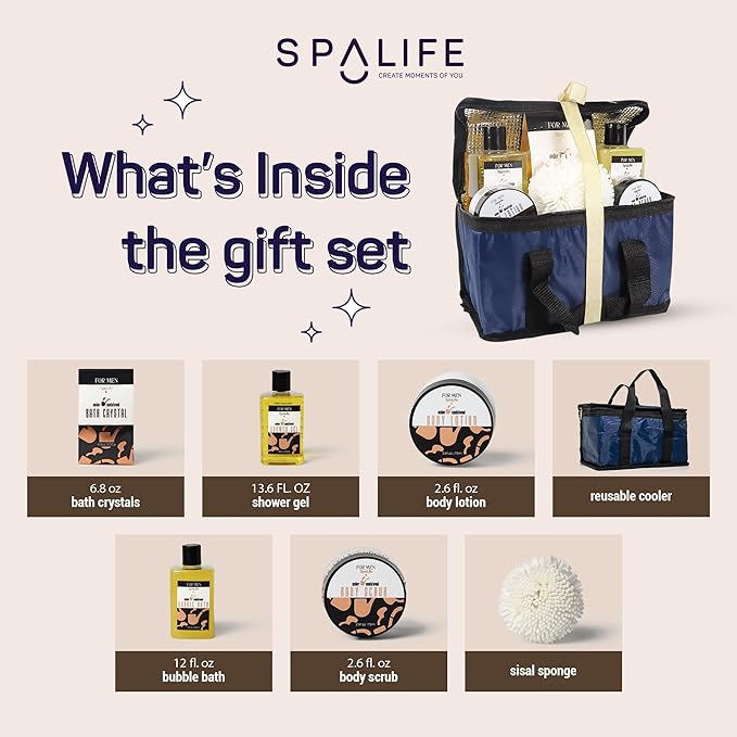 SpaLife Men's Sandalwood Luxury Spa Skincare Set - Complete Care Kit for Rugged Revitalization, Exfoliating Scrub - Bath and Body Collection for Cleansing, Moisturizing, and Rejuvenation