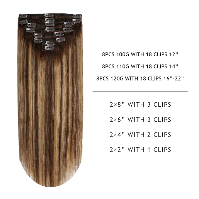 YILITE Hair Extensions Clip in Human Hair 100% Remy Real Hair 110g 8Pcs #4-27-4 Balayage Chocolate Brown to Caramel Blonde Straight Silky Hair Double Weft Clip ins Hair extensions for Women