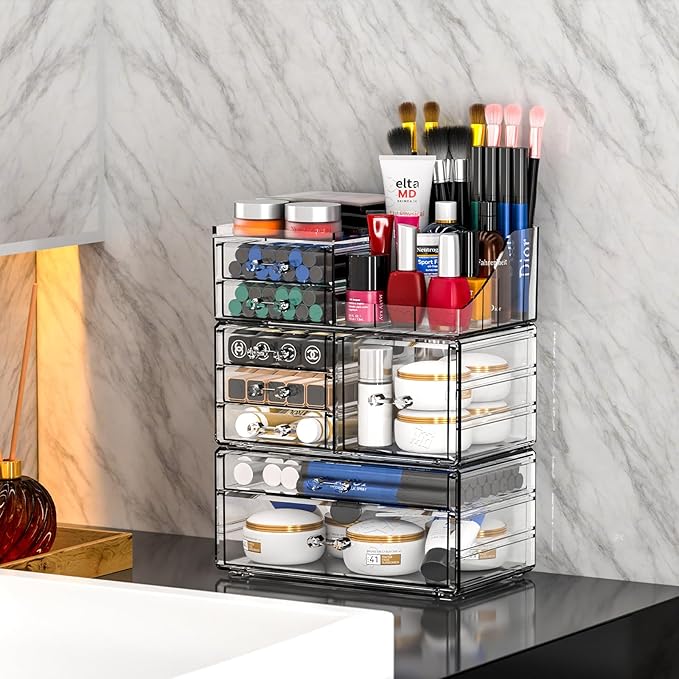 Cq acrylic Clear Makeup Organizer and Storage Stackable Skin Care Cosmetic Display Case with 8 Drawers Make up Stands For Jewelry Hair Accessories Beauty Skincare Product Organizing